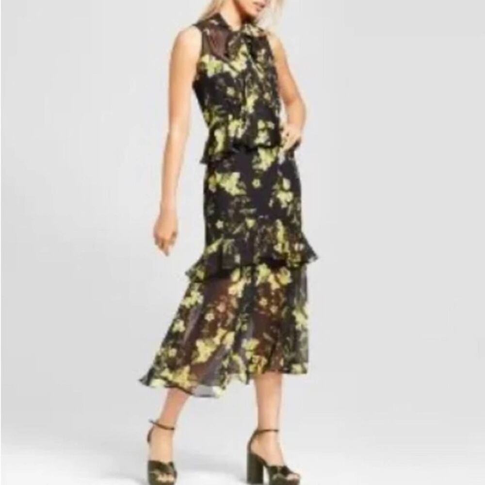 Who What Wear Floral Tiered Maxi Black Yellow  Dress Size Small